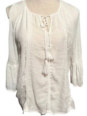 Spense Boho Peasant Blouse Womens Small White Sheer Cold Shoulder Bell Sleeve To